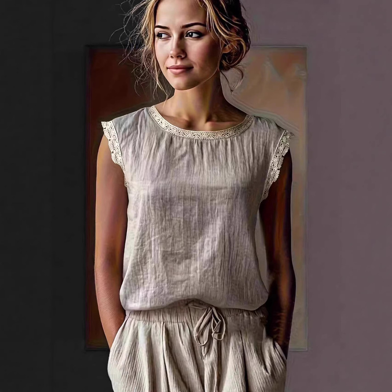 2026 New Cross-Border European and American Women's Retro Loose Solid Color Round Neck Lace Splicing Sleeveless Linen Shirt 2026 New Cross-Border European and American Women's Retro Loose Solid Color Round Neck Lace Splicing Sleeveless Linen Shirt