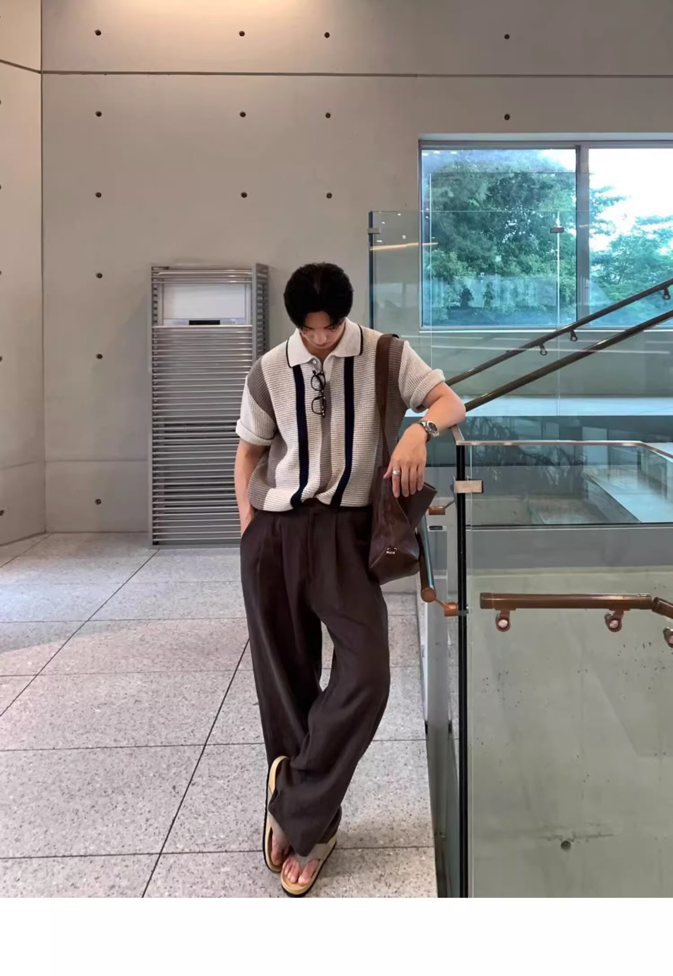 Men's High Quality Breathable Hollowed Out Color Block Knit Polo Shirt Korean Style Vertical Striped Short Sleeved T-Shirt For Spring/Summer_viptrois.com