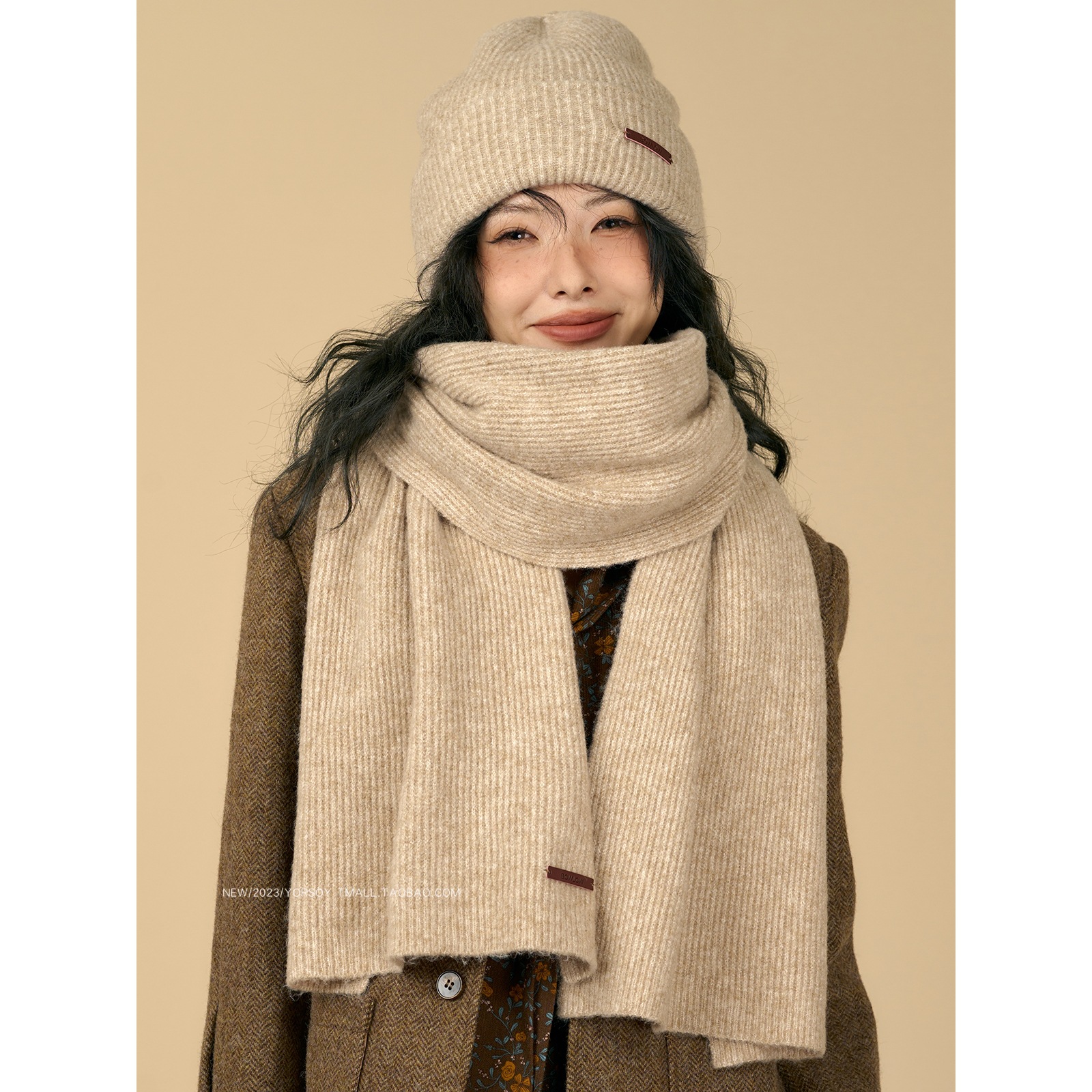Winter retro khaki knitted keep warm solid color scarf