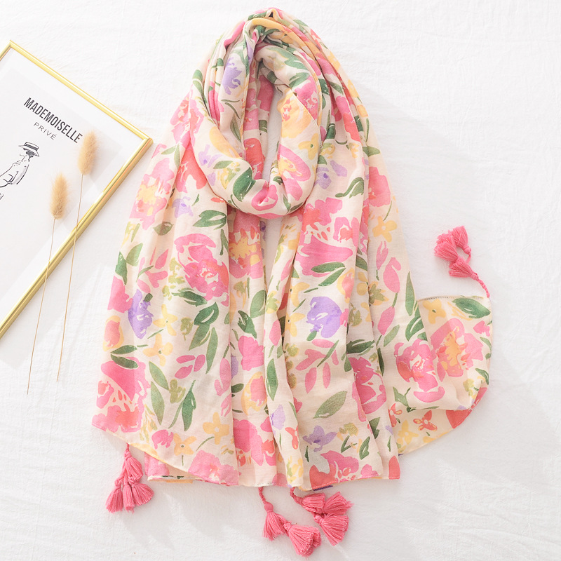 2022 nueva delgada estilo japonés coreano impreso floral decorativo bufanda viaje protector solar algodón Lino sensación bufanda chal