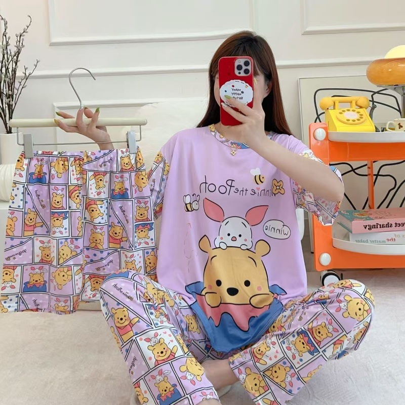 Pijamas de verano transfronterizos pijamas de leche de seda de tres piezas set de dibujos animados comercio exterior ropa para el hogar pantalones de mangas cortas lindos