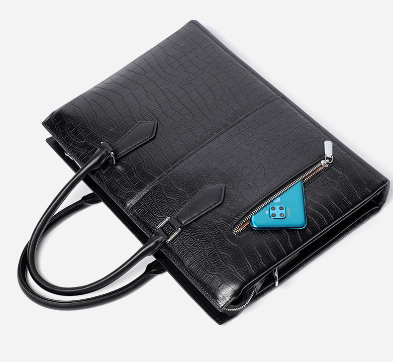 Túi xách nam da bò thật cao cấp dạng túi xách công sở đựng laptop 14 inch, chống nước — Màu đen chi tiết 11