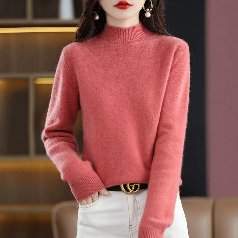 Cross-border wholesale of new autumn and winter half-high collar pullover sweaters, women's knitted tops, thickened base shirts, women's clothing