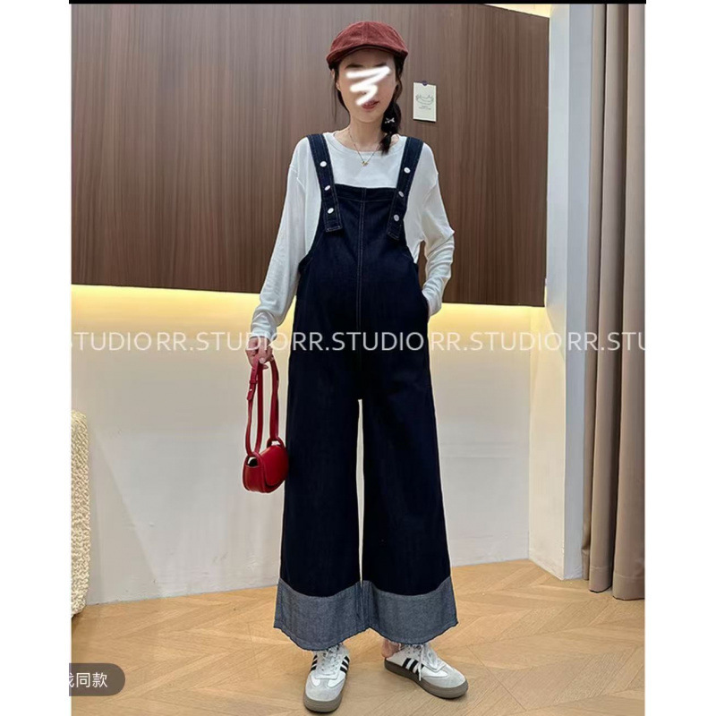2025 Maternity Autumn Denim Overalls Fashionable Loose Age-Reducing Wide-Leg Maternity Overalls