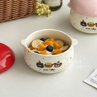 Double-Eared Ceramic Stew Pot with Lid, Small Crock Pot for Soup, Household Stewed Egg Custard Steaming Pot, One-Person Water-Proof Stew Pot, Stew Pot