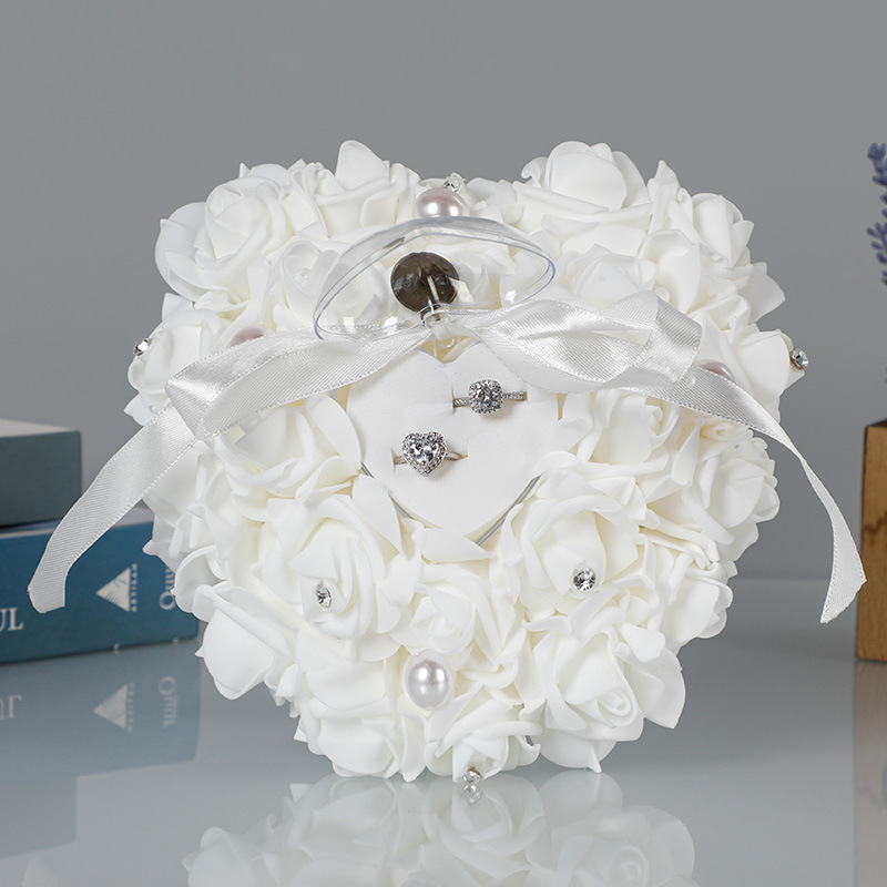 Wedding Supplies Bride and Groom White Ring Pillow PE Foam Rose Heart Shape Ring Pillow 13*15 Wedding Ring Box