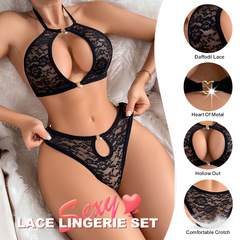 Lingerie Set with Lace and Openings, Strapless Bra, No Underwire, One Strap, Summer European and American Style Underwear for Women