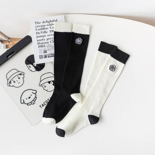 Spring new embroidery camellia jk style knee-length calf sweet women's socks cute socks for women black and white autumn students
