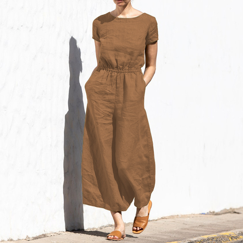 Cotton And Linen Jumpsuit Women Solid Color Sleeveless Pocket High Waist Wide Legs Jumpsuits Casual Commuting Ladies Bodysuits_voghion.com