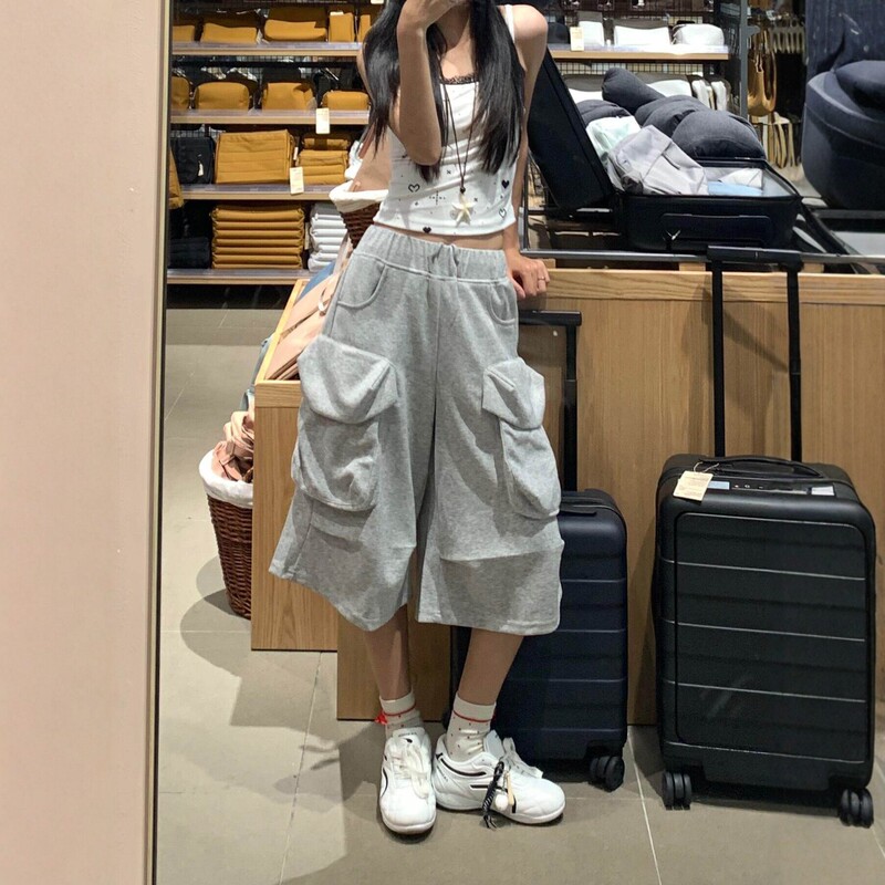 Summer New Style Gray Workwear-Style Multi-Pocket Loose Casual Pants for Women, Elastic Waist, Slimming, Versatile Cropped Pants
