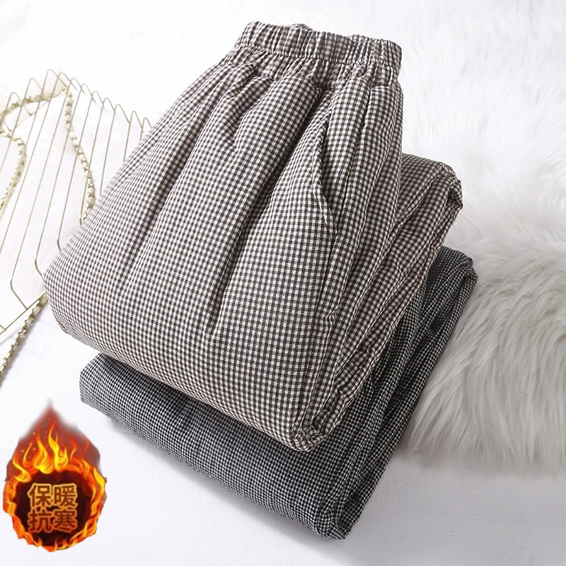 Утепленные армированные брюки из хлопково– linen смеси, эластичный пояс, тёплые набивные, черный/ коричневый