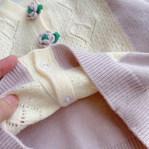 Lini 24 Spring New Korean Style Baby Small Flower Round Neck Knit Cardigan Children Fashion Girl Top Trendy