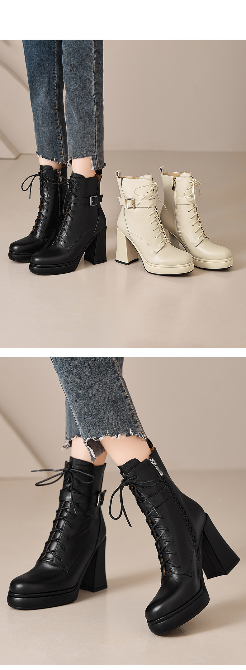 Giày boot nữ da thật cổ ngắn dây buộc gót vuông 10 cm đế dày mùa thu đông — màu đen, Màu trắng nhạt chi tiết 5