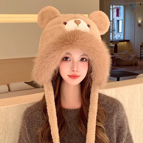 Plush Teddy Bear Hat for Girls - Autumn/Winter, Cute, Face-Smoothing, Windproof, Warm, Ear-Protecting, Versatile Pull-Over Hat