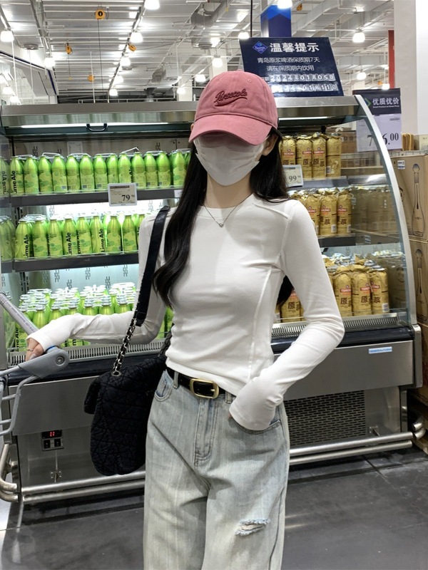白色T恤女设计感鱼骨正肩打底衫春秋季简约基础款内搭长袖上衣潮|undefined