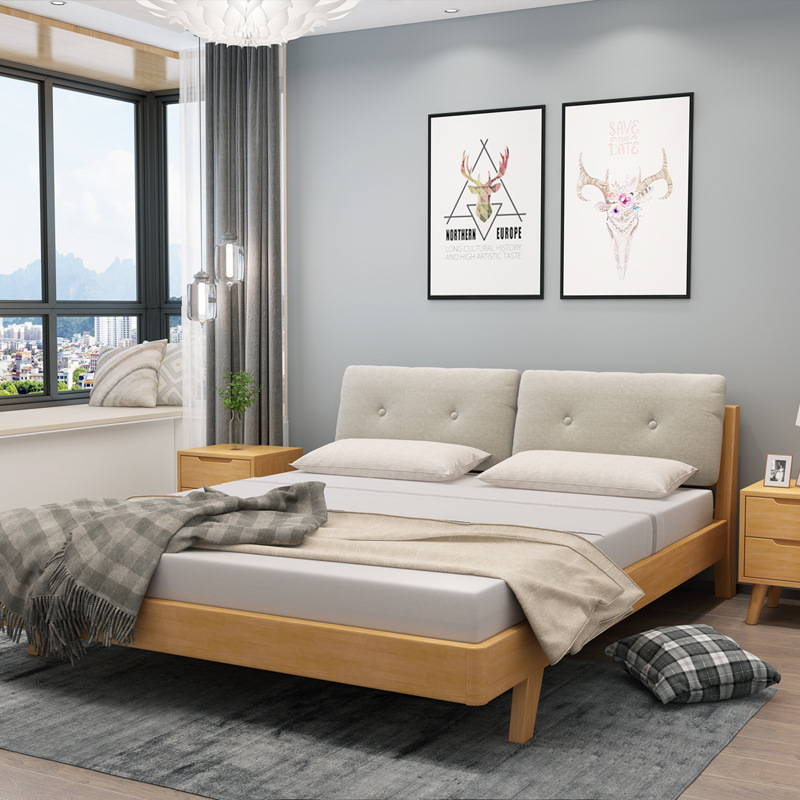 Nordic simple solid wood bed master Pubami small apartment 1.5M single bed double 1.8-meter bed with soft bag