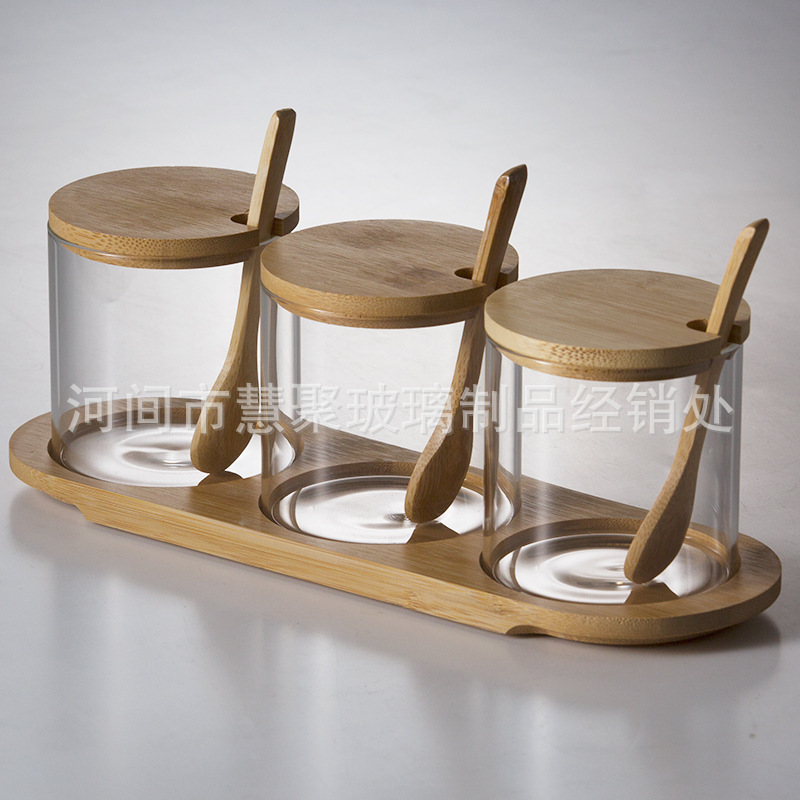 Salmuera transfronteriza, condimento de azúcar, botella de condimento de vidrio, tanque de almacenamiento redondo con cuchara, juego de combinación de tanque sellado con condimento de bambú y madera