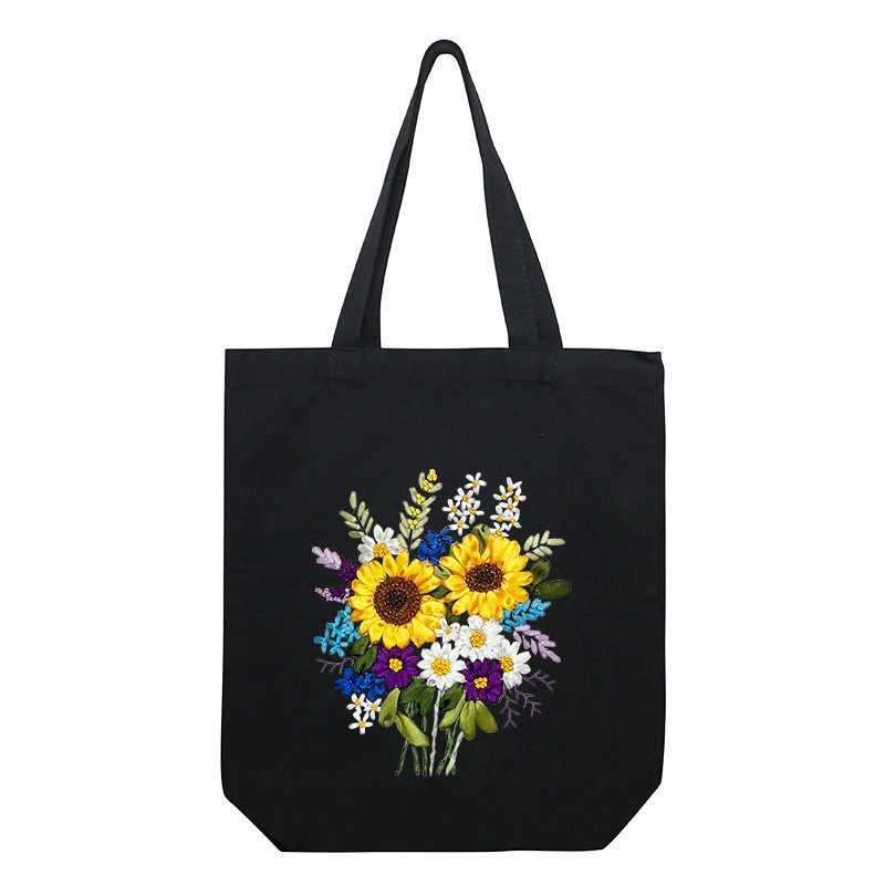 Hecho a mano DIY cinta bordada bolsa de lona Lu bordado solo hombro bolso tridimensional bordado flor lienzo mujer bolsa grande