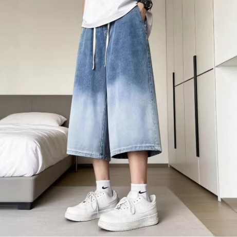 2026 Washed Gradient Denim Cropped Pants for Men, Loose Straight Wide-Leg Pants, Versatile Trendy Cropped Pants for Teenagers