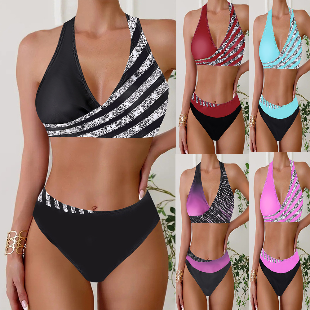 2025 New Bikini European and American Separates Printed Swimsuit Women's Spliced Push up Bikini Swimsuit Amazon