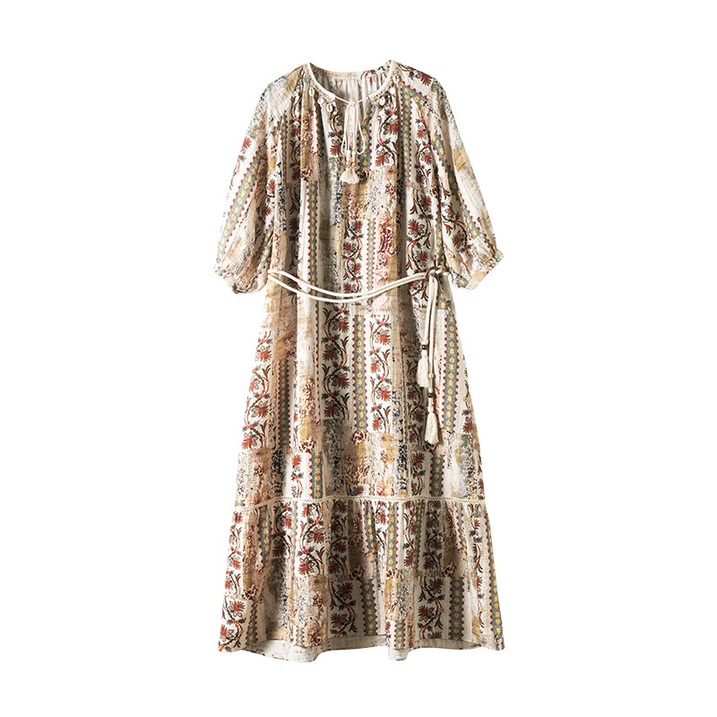 Đầm maxi nữ thắt eo bohemian in hoa kỳ lạ tay ngắn rộng che thịt — Màu cà phê