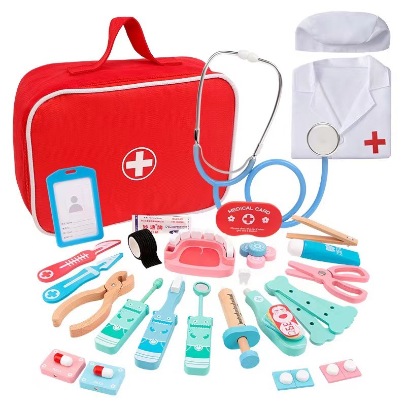 Educación Temprana de los niños y niñas educativos madera simulación paño bolsa medicina caja papel jugar sobre el hogar Juguetes