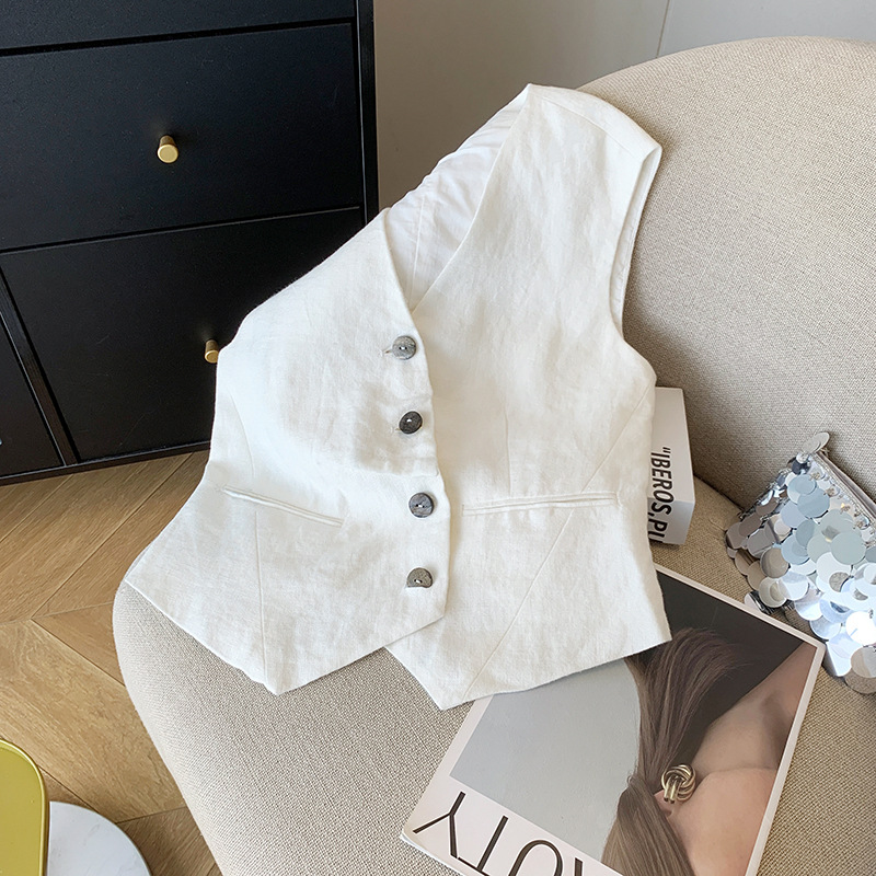 Chaleco de traje de lino con cuello en V blanco Chaleco de verano para mujer Chaleco sin mangas Chaleco superior 2024 Todo fósforo diseño delgado casual