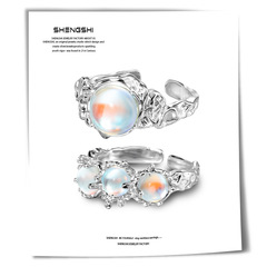 韓版ins小眾設計感個性肌理鑲嵌月光石輕奢冷淡風開口食指戒指女