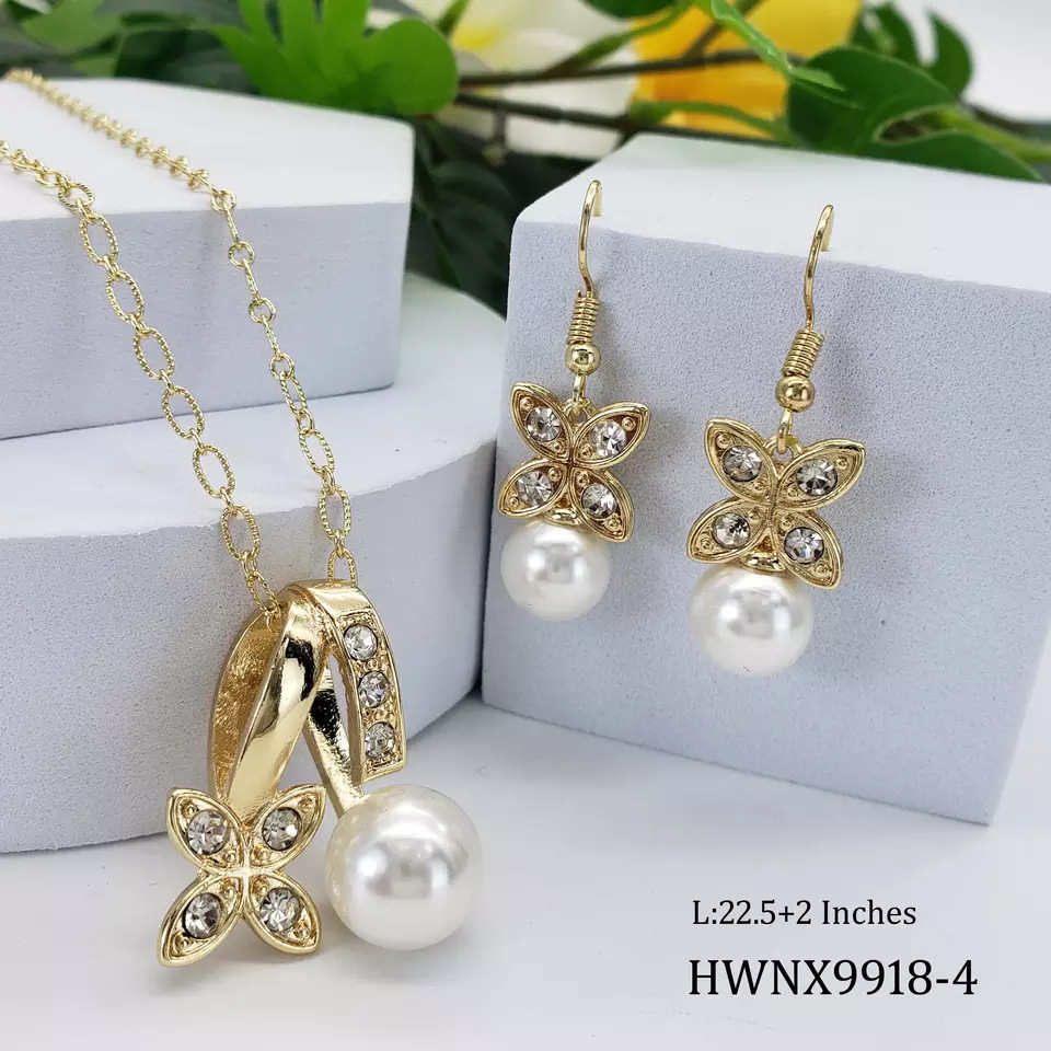 1 Set Retro Geometric Imitation Pearl Metal Inlay Zircon Women's Earrings Necklace display picture 2