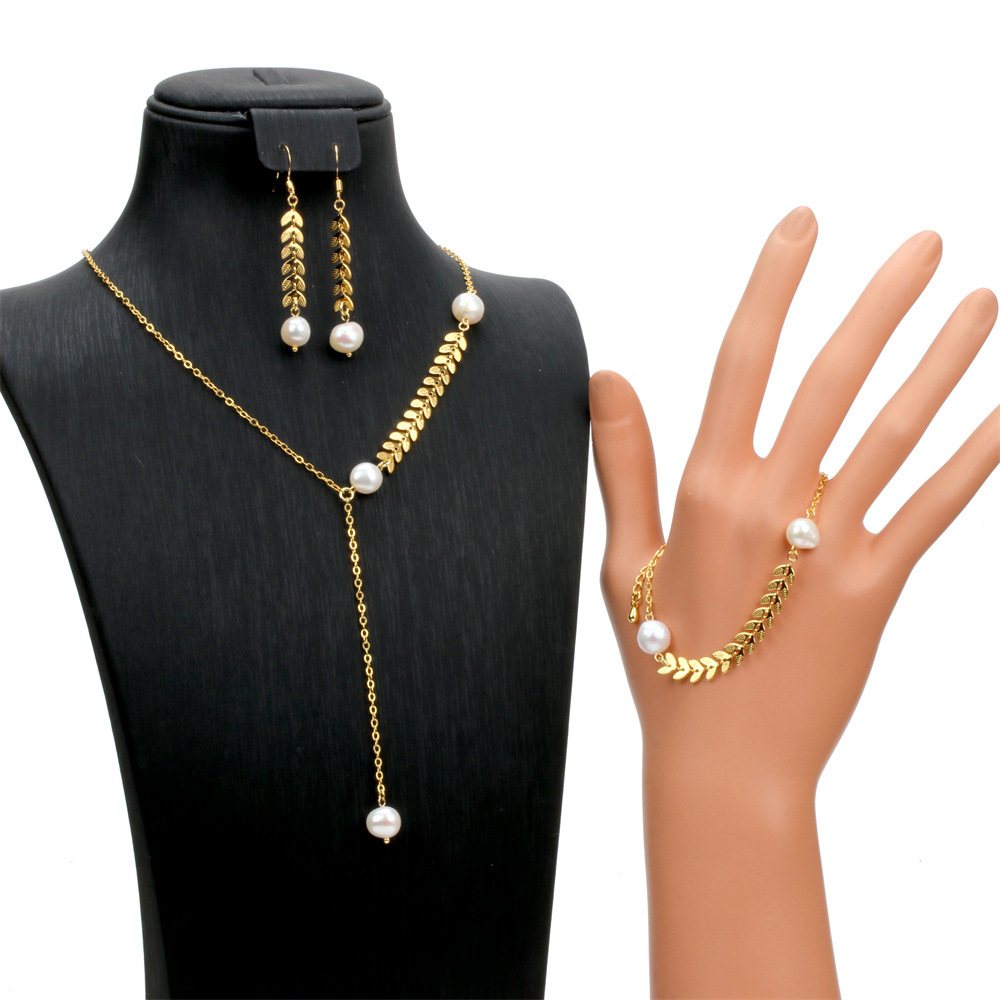 Fashion Leaf Copper Pearl Bracelets Earrings Necklace