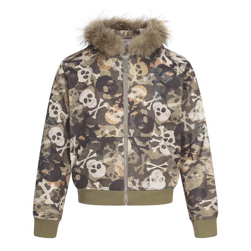 All-Over Printed Skull Cross Hot Diamond Hooded Cardigan Sweatshirt for Men and Women, American Trendy Brand Loose Casual Jacket