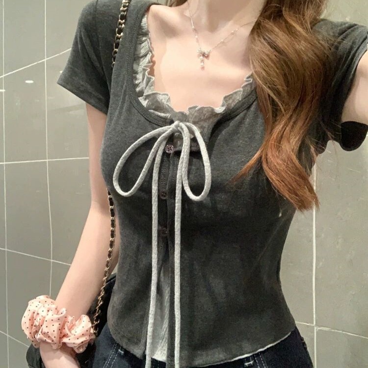 [260g arbitrary 1x 1] fake two bow lace lace T-shirt women's pure wind shoulder top