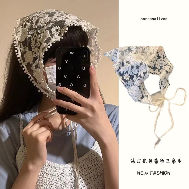 French Beige Lace Headscarf Elegant Sweet Cute Pastoral Style Triangle Scarf Spring and Summer Seaside Photo Headwear Hair Accessories