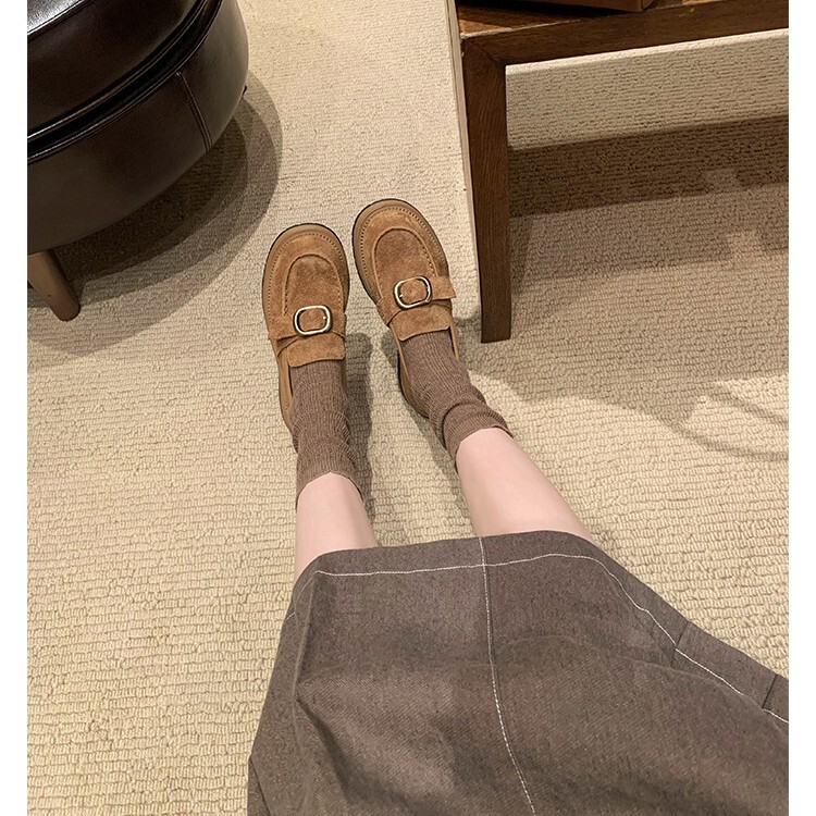 现货版~葡萄吗同款新款增高金属扣带圆头厚底乐福鞋女小皮鞋单鞋|undefined