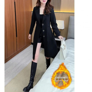 Windbreaker Jacket for Women, Autumn and Winter New Style, Fleece-Lined and Thickened, Fashionable Suit Collar, Petite Korean Version, Waist-Cinching Mid-Length Coat