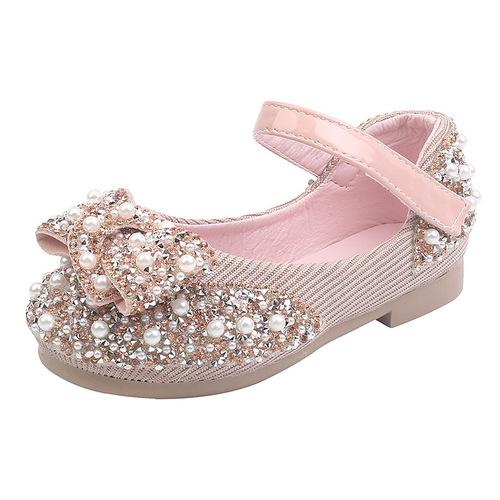 2024 Girls' Single Shoes Spring and Autumn New Leisure Diamond Butterfly Knot Medium and Small Children Dance Shoes Performance Shoes Princess Shoes
