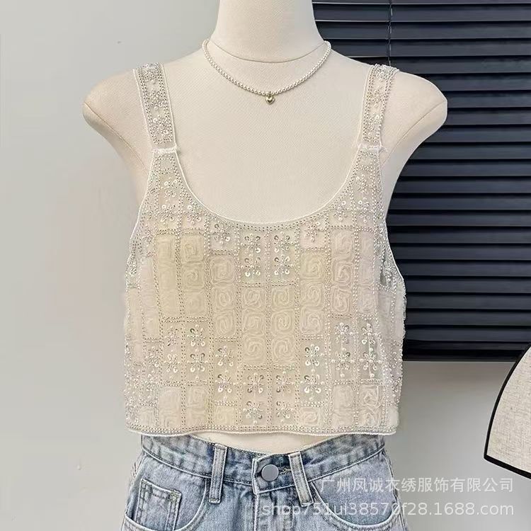 Chic and Stunning Heavy Craft Sleeveless Small Camisole Women's Autumn Sweet and Hot Stacked Design Fashionable Top