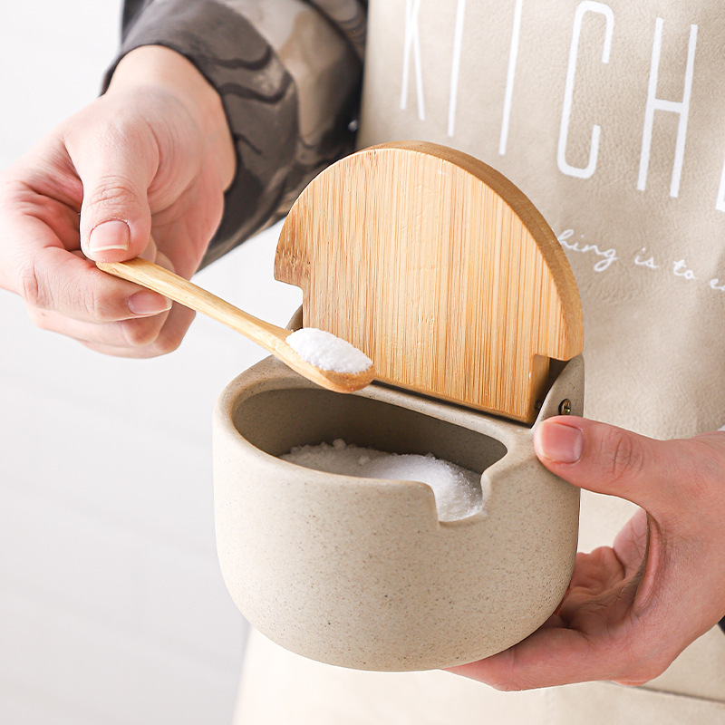 Tarro de condimento de tapa de madera de bambú de cerámica japonesa, caja de condimento, tanque de almacenamiento de condimento de cocina, juego de tarro de azúcar de sal para el hogar de restaurante