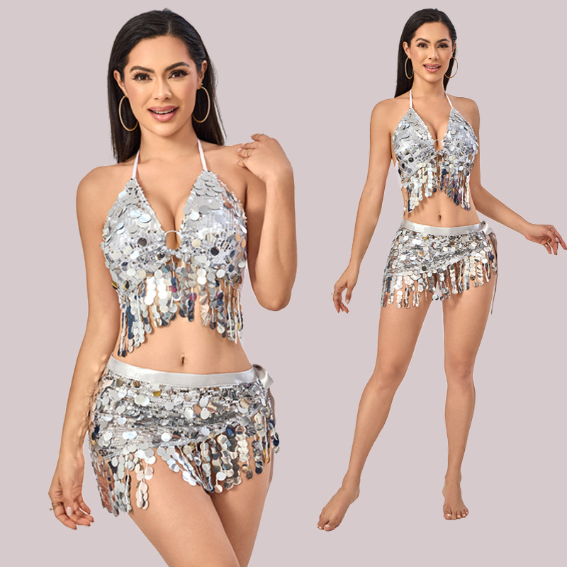 New Belly Dance Costume Waist Chain Hip Scarf Amazon Sequin Tassel Set Sexy Top Performance Sequin Set