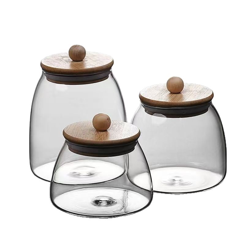 Inventario de bambú cubierta de madera de vidrio transparente lata de té sellado lata de condimento lata de almacenamiento pequeña botella de té negro