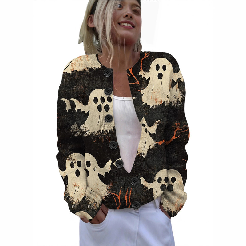 Printed 3D long-sleeve Halloween faux sweater with round neck, cross-border European and American women's Halloween cardigan, casual independent station