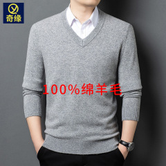 100%纯羊毛衫男2025秋冬新款加厚保暖纯色V领打底衫男士毛衣批发