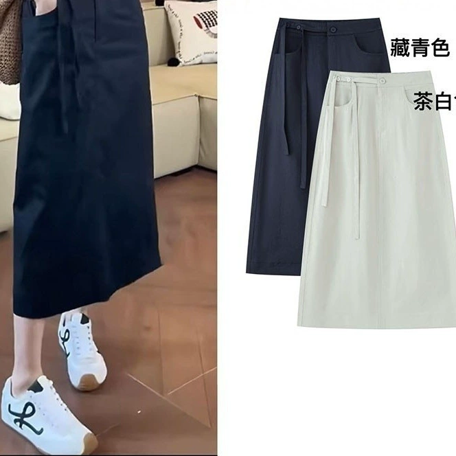 Готовый запас [версия с дизайном ленты] летняя рабочая одежда, прямая юбка средней длины с высокой талией и разрезом сзади на шнуровке, женская юбка средней длины