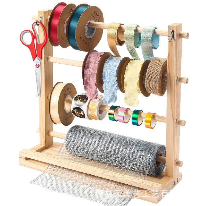 Cross-Border Wooden Ribbon Storage Rack, Flower Shop Ribbon and Tape Rotating Stand, In-Stock Wooden Yarn Weaving Spool Rack