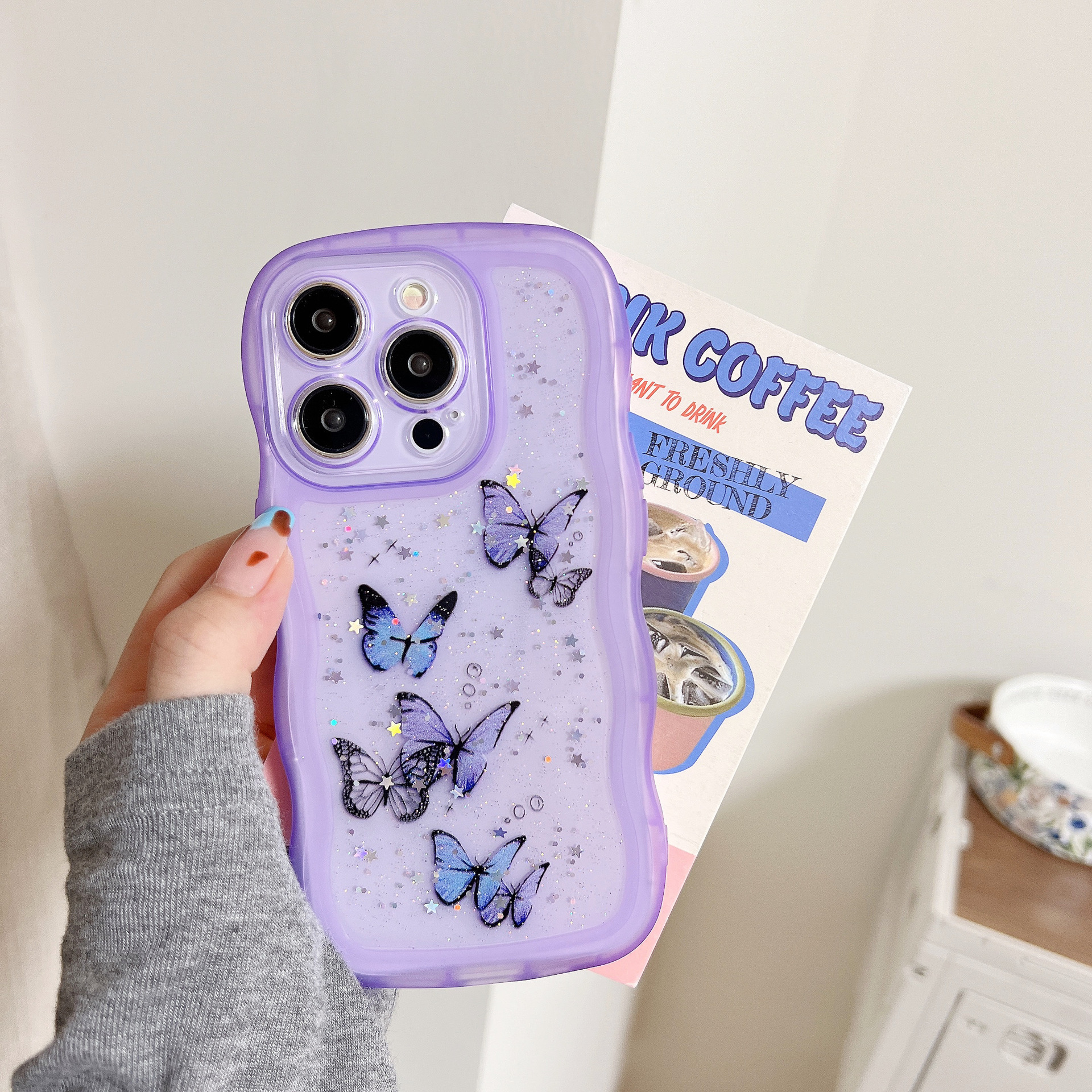 Gran onda goteo de mariposa de silicona para iPhone 16 ProMax Apple 15 polvo flash 13 silicona 12 caso de teléfono