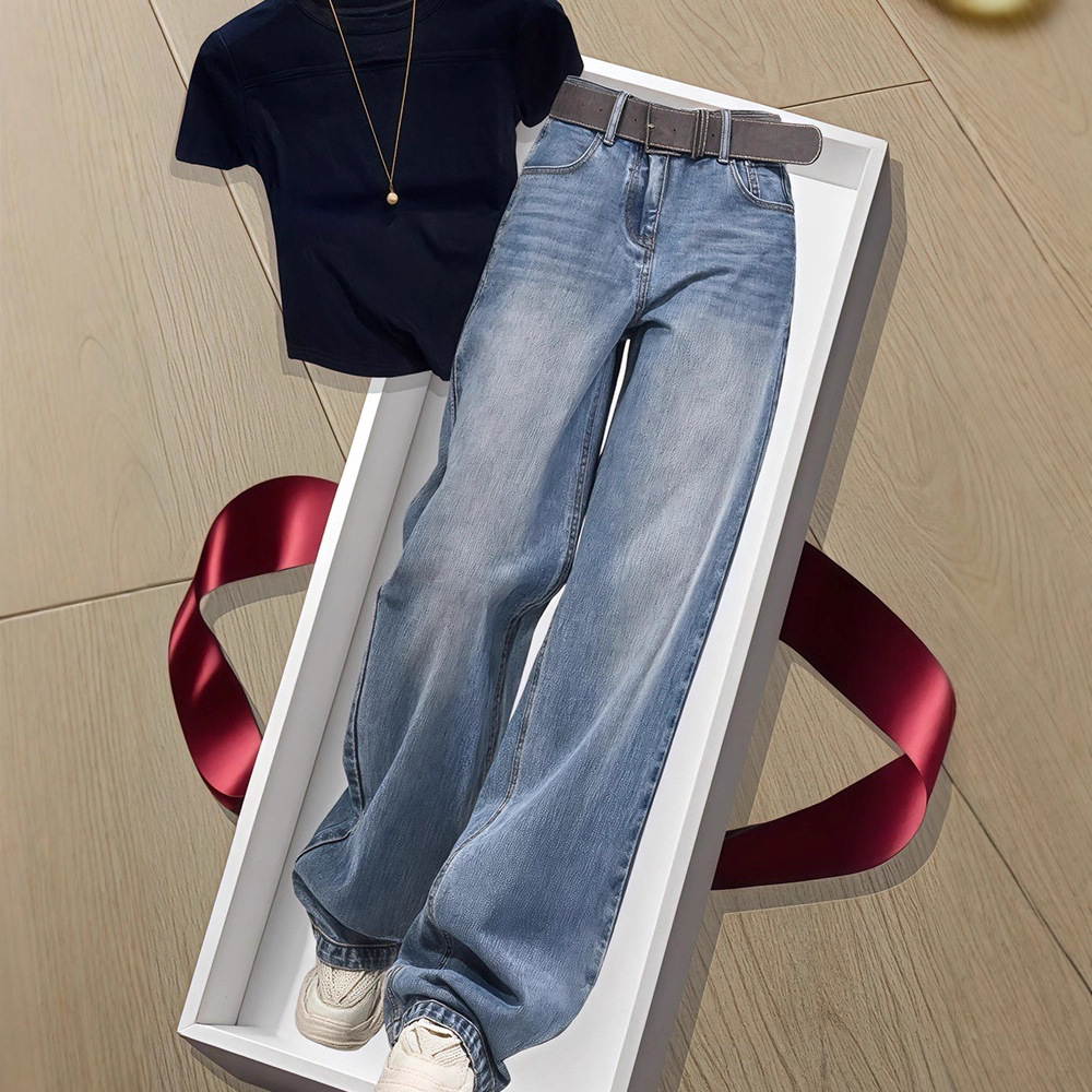 Plus Size Retro American Jeans for Women 2025 Autum Fat mm Loose High Waist Slim Straight Wide Leg Floor Mopping Pants