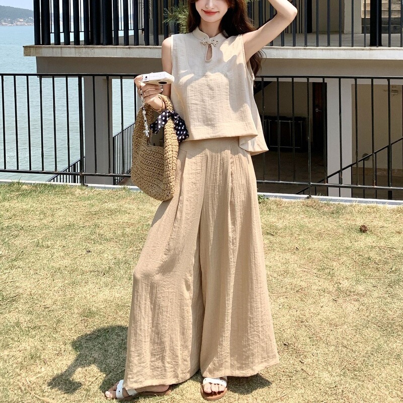 轻国风时尚盘扣无袖上衣阔腿裤套装女夏新款高级感气质显瘦两件套|undefined