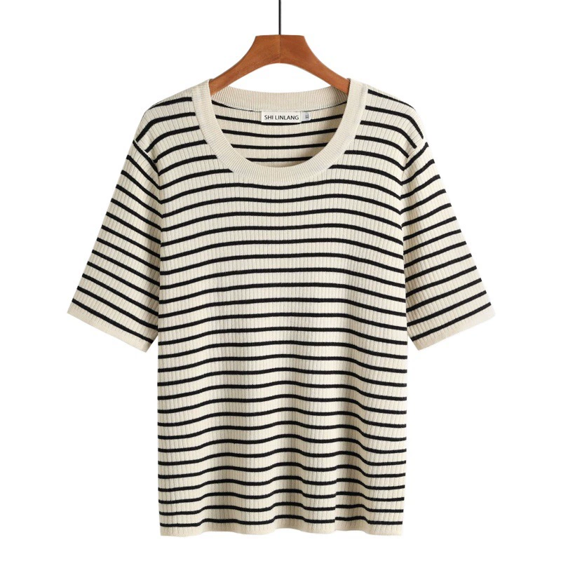 2025 ретро, большой размер, толстый летний трикотаж, полосатая женская футболка с короткими рукавами, свободный пуловер в стиле ретро с U-образным вырезом