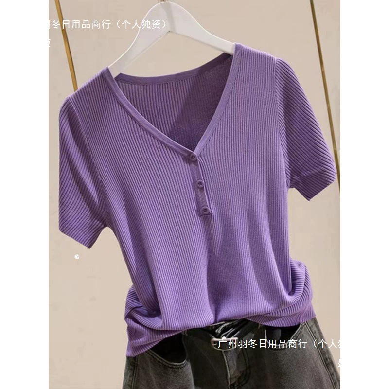 Женская трикотажная футболка из ледяного шелка с короткими рукавами, лето 2024, новая модная универсальная тонкая базовая рубашка с v-образным вырезом для похудения, верхняя одежда