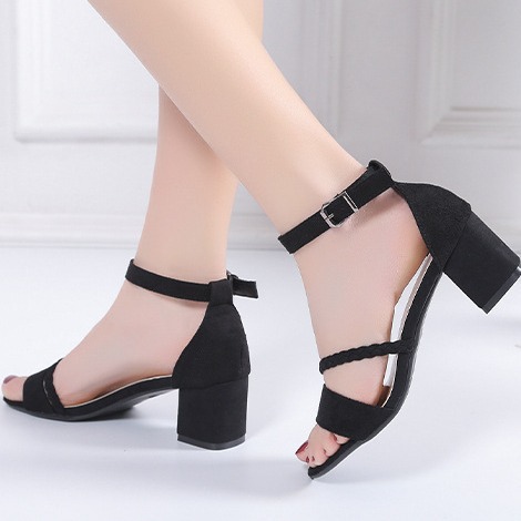 Cross-Border 2024 New Foreign Trade European and American Style Large Size Solid Color Round Toe Fashion One-Line Buckle Women's High-Heeled Sandals